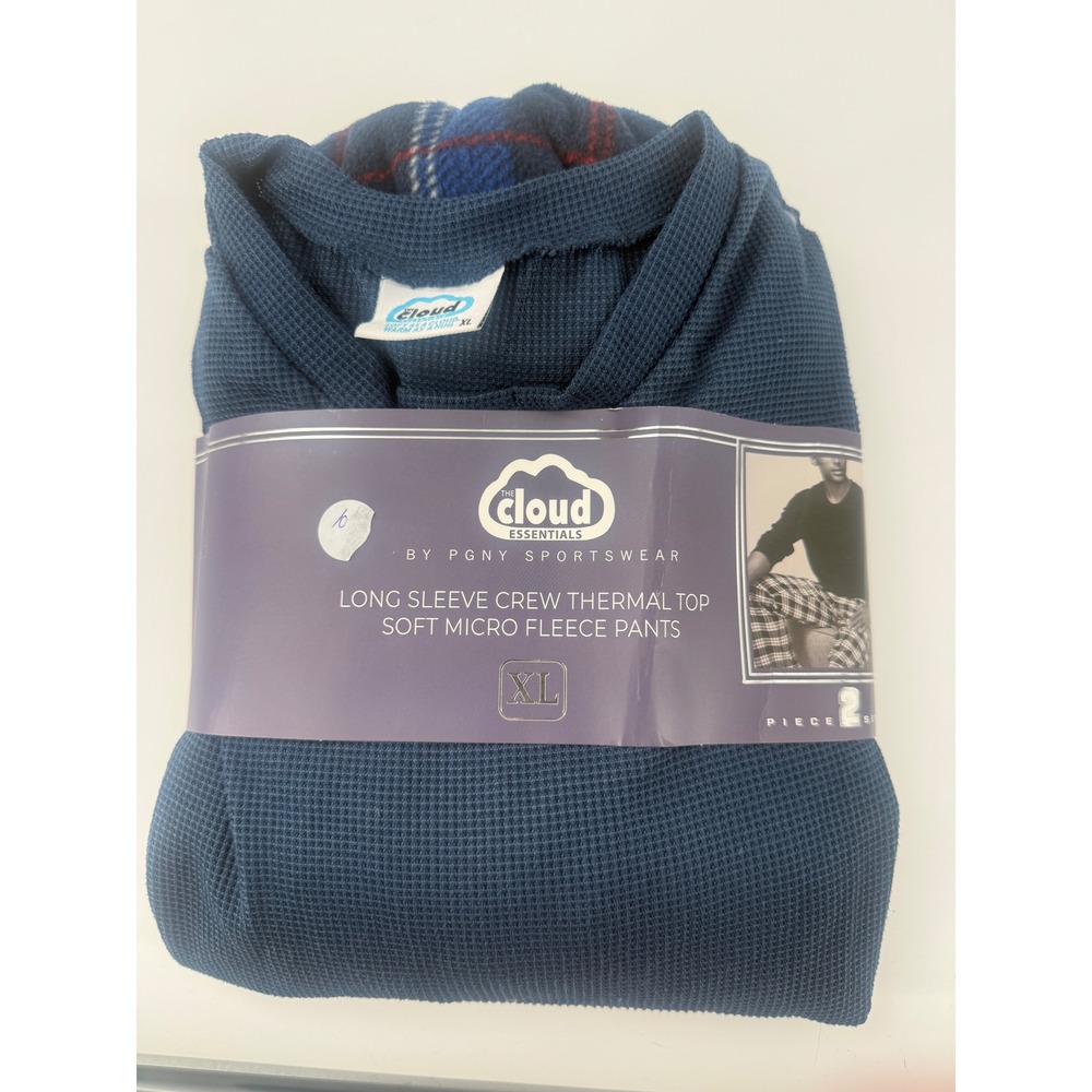 The Cloud Essentials Mens Thermal Top and Micro Fleece Pants Set XL Blue Plaid